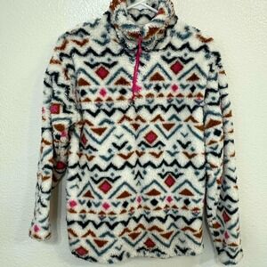 Eddie Bauer‎ Womens Small Fleece Pullover Aztec Print Mock Neck Pink Geometric